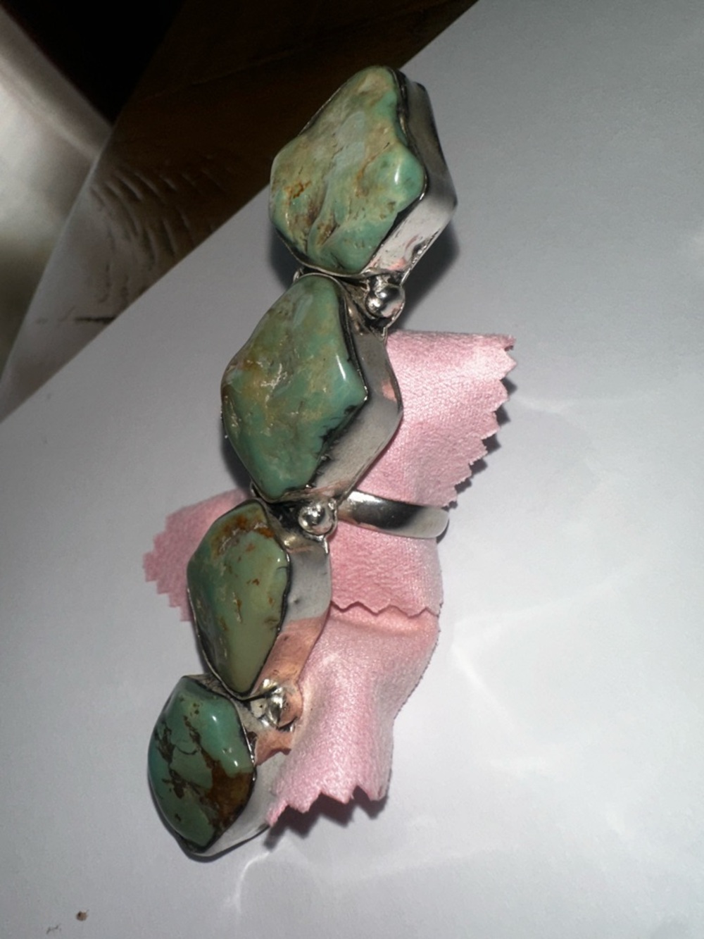 Native Handcrafted Green Turquoise Stone Sterling Ring - Size 8 Adustable Band
